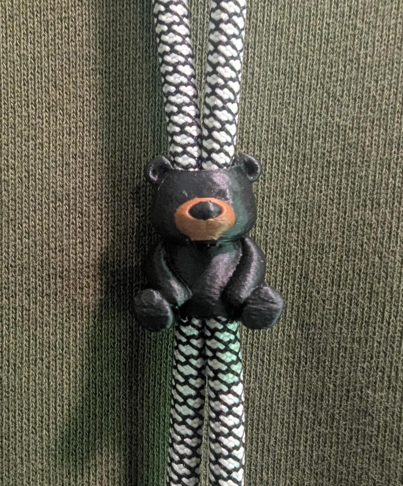 Bear-shaped zipper pull on a green background